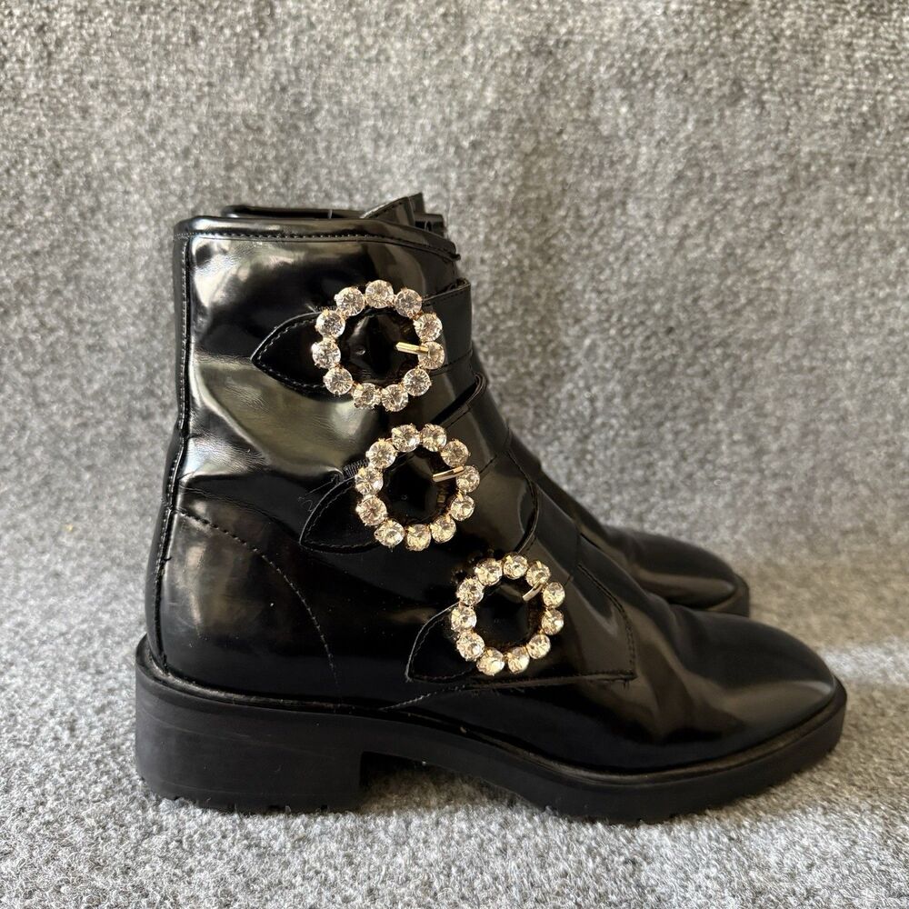 Nanette Lepore Iggy Black Ankle Bootie Rhinestone Buckle Women’s Boots Size 8